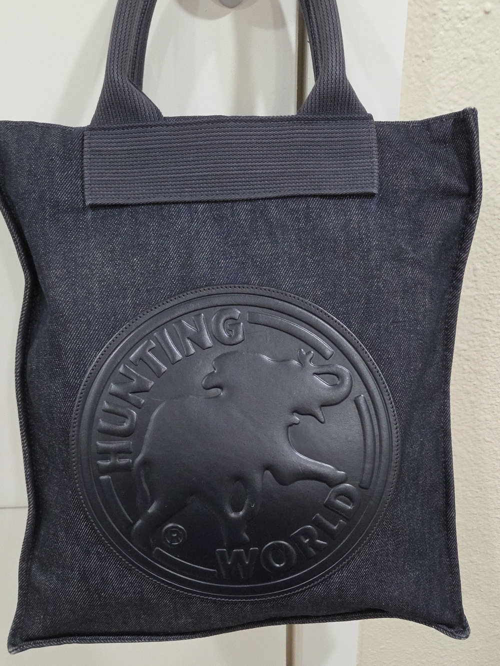 Hunting World Embossed Logo Black Denim And Leather Messenger Tote